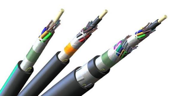 Armored and loose-tube fiber cable, cut to show the cores